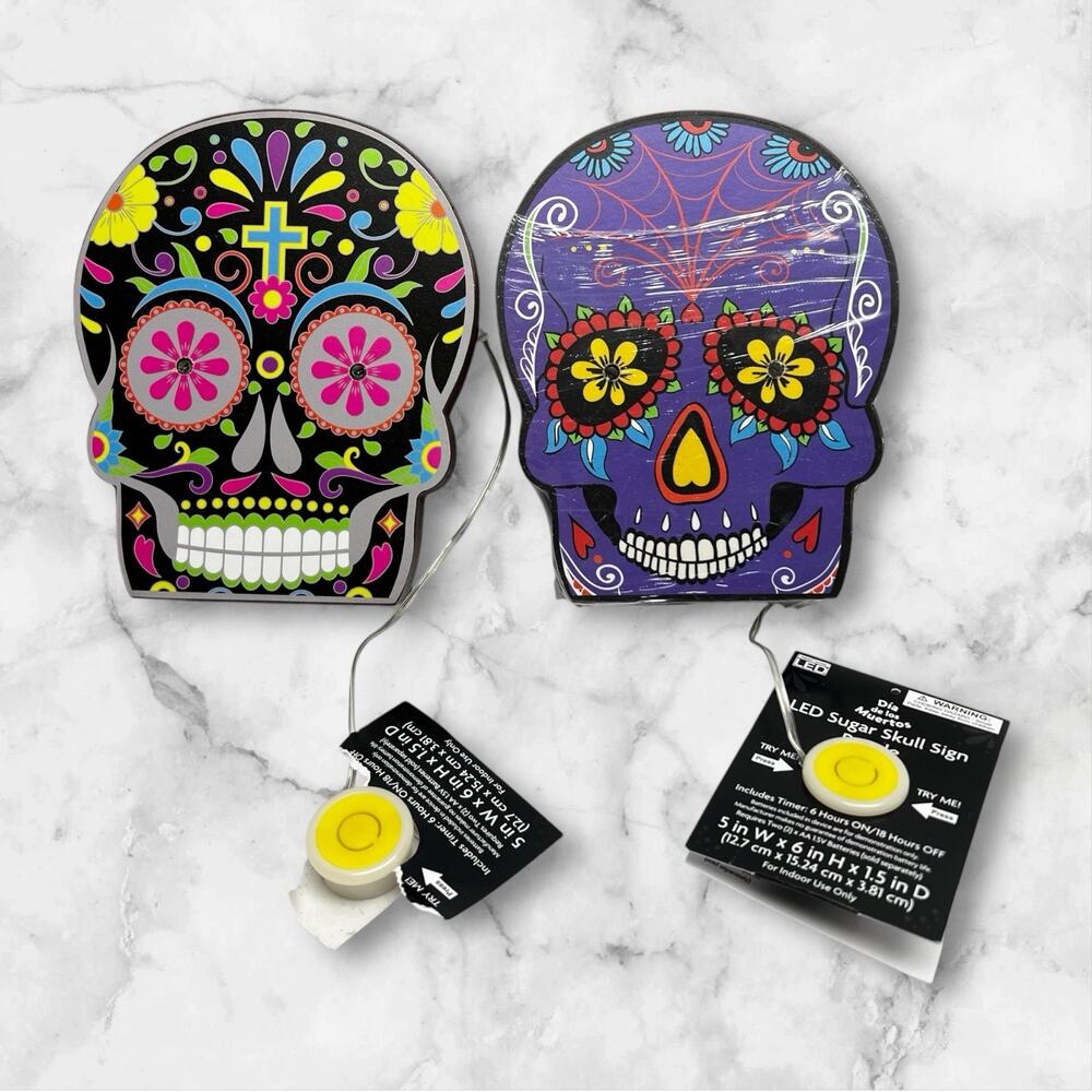 LED Sugar Skull Sign Lot of 2 Día De Los Muertos Day Of The Dead Holiday Decor
